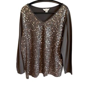 CJ Banks Womens Brown Sequin Long Sleeve 1X Top Festival Sparkle Fairy Dainty